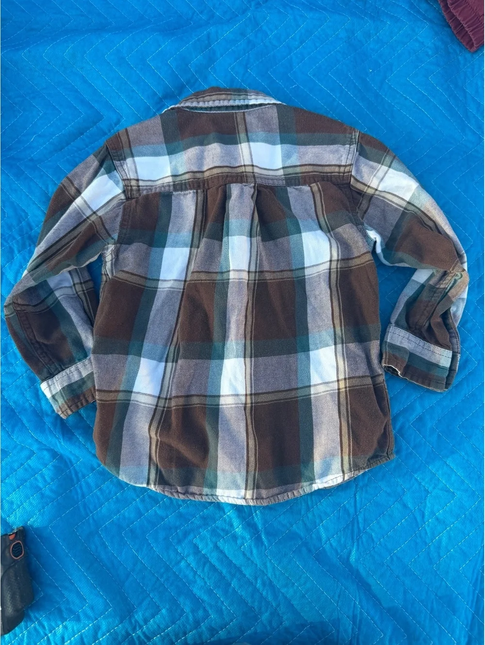 OshKosh B'gosh Plaid Flannel Button Down Shirt Brown Teal Cream Kid's Size 4